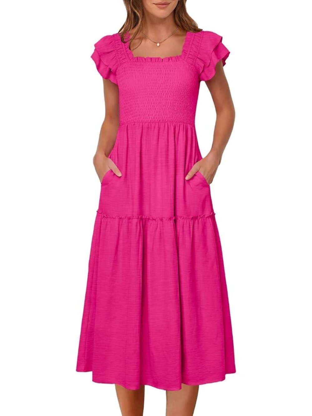 Caracilia Women's Hot Pink Casual Ruffle Short Sleeve Square Neck Maxi Dress